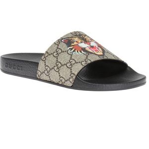 Gucci Black and Brown Sandals with Tiger Print